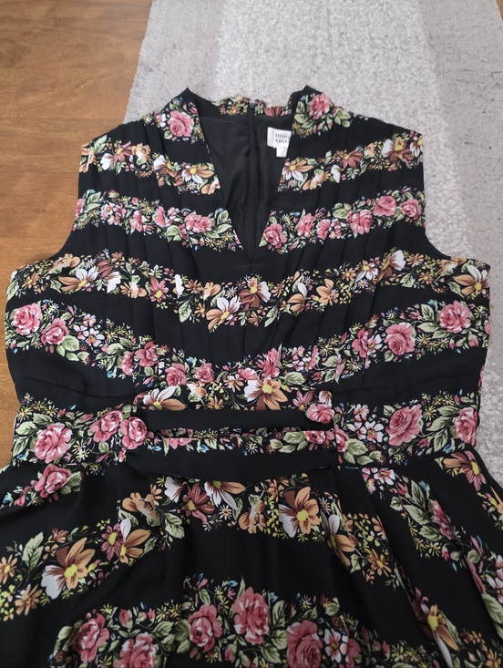 Unique vintage Floral Stripe Sleeveless Midi Dress in Black and Pink - Picture 6 of 15